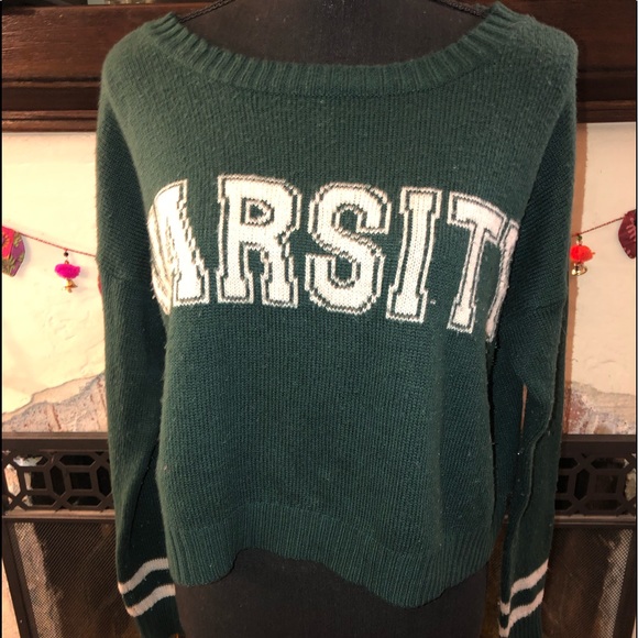 Green Crop Knit Varsity Sweater - Picture 2 of 4